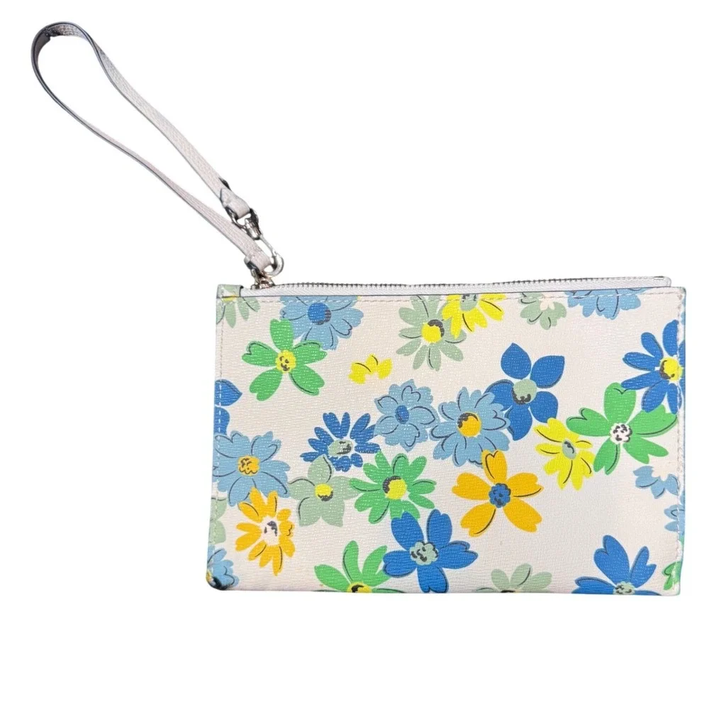 Kate Spade Wristlet Pouch Multicolor Floral Print White Leather
